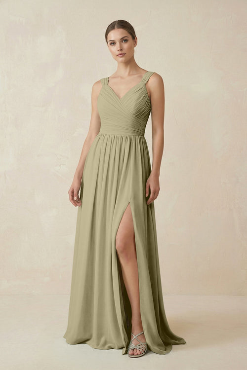 A - Line Pleated Chiffon Long Bridesmaid Dress in Thyme - SHE IS ME Bridesmaid Dresses