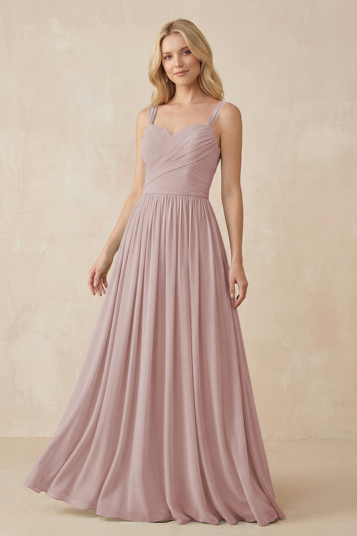 A - Line Pleated Chiffon Long Bridesmaid Dress in Toffee - SHE IS ME Bridesmaid Dresses