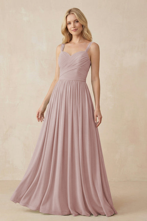 A - Line Pleated Chiffon Long Bridesmaid Dress in Toffee - SHE IS ME Bridesmaid Dresses