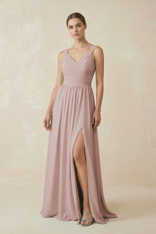 A - Line Pleated Chiffon Long Bridesmaid Dress in Toffee - SHE IS ME Bridesmaid Dresses