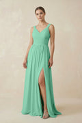 A - Line Pleated Chiffon Long Bridesmaid Dress in Turquoise - SHE IS ME Bridesmaid Dresses