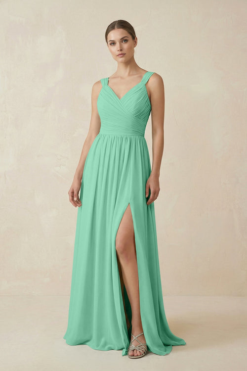 A - Line Pleated Chiffon Long Bridesmaid Dress in Turquoise - SHE IS ME Bridesmaid Dresses