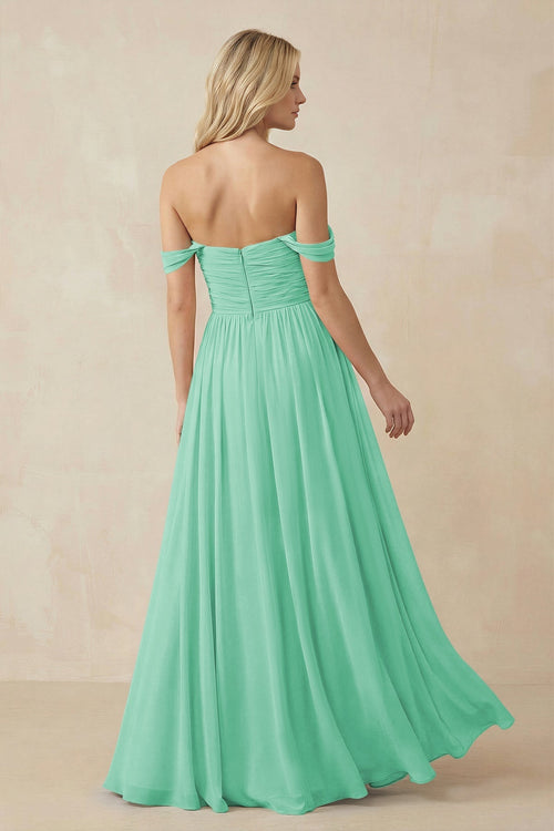 A - Line Pleated Chiffon Long Bridesmaid Dress in Turquoise - SHE IS ME Bridesmaid Dresses