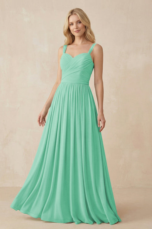 A - Line Pleated Chiffon Long Bridesmaid Dress in Turquoise - SHE IS ME Bridesmaid Dresses