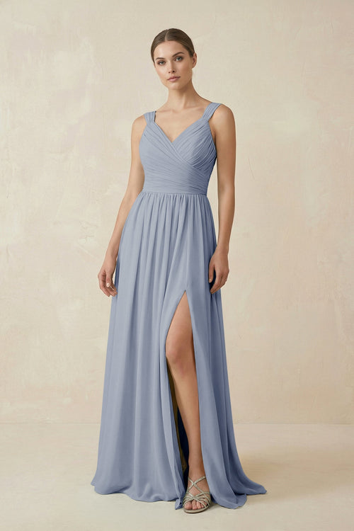 A - Line Pleated Chiffon Long Bridesmaid Dress in Twilight - SHE IS ME Bridesmaid Dresses