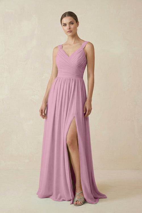 A - Line Pleated Chiffon Long Bridesmaid Dress in Vintage Mauve - SHE IS ME Bridesmaid Dresses