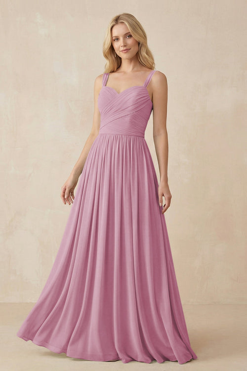 A - Line Pleated Chiffon Long Bridesmaid Dress in Vintage Mauve - SHE IS ME Bridesmaid Dresses