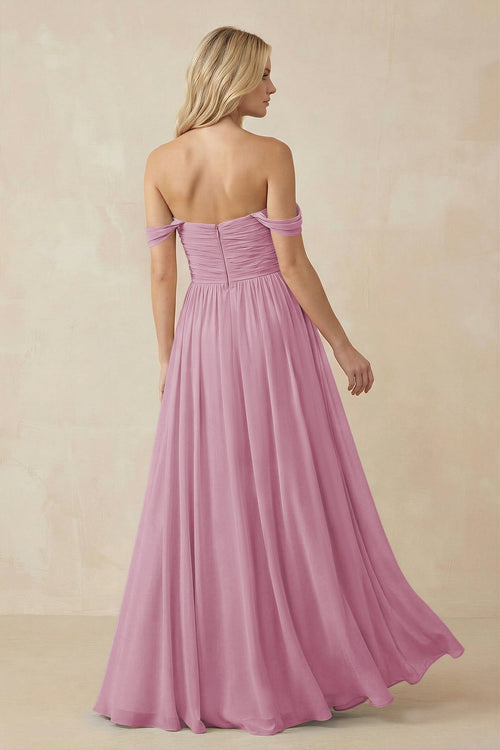 A - Line Pleated Chiffon Long Bridesmaid Dress in Vintage Mauve - SHE IS ME Bridesmaid Dresses