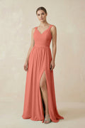 A - Line Pleated Chiffon Long Bridesmaid Dress in Wild Rose - SHE IS ME Bridesmaid Dresses