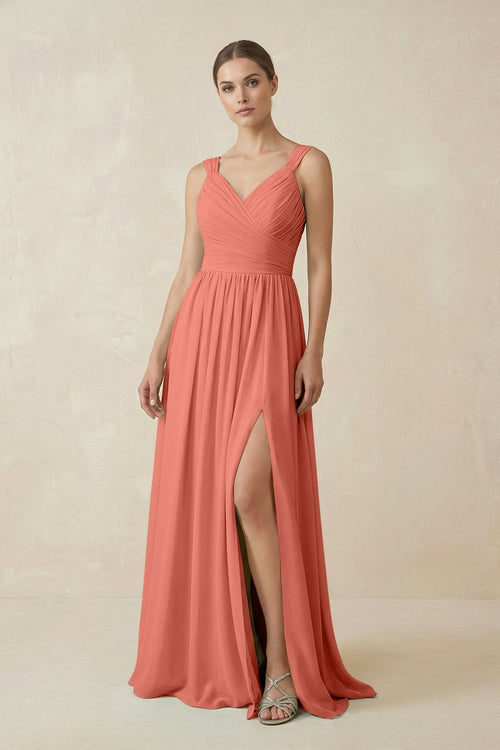 A - Line Pleated Chiffon Long Bridesmaid Dress in Wild Rose - SHE IS ME Bridesmaid Dresses