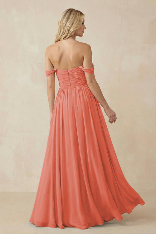 A - Line Pleated Chiffon Long Bridesmaid Dress in Wild Rose - SHE IS ME Bridesmaid Dresses