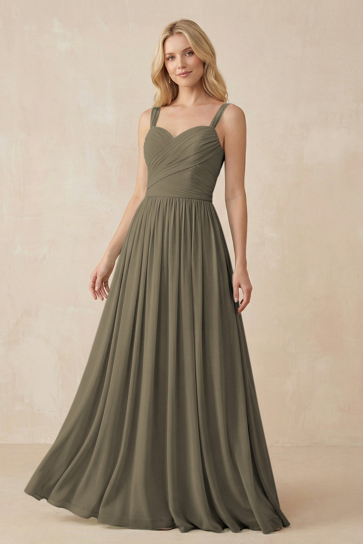 A - Line Pleated Chiffon Long Bridesmaid Dress in Willow Green - SHE IS ME Bridesmaid Dresses
