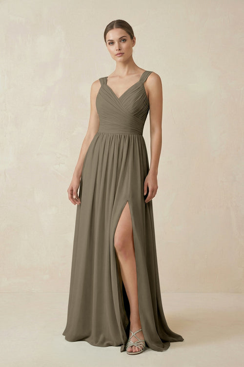 A - Line Pleated Chiffon Long Bridesmaid Dress in Willow Green - SHE IS ME Bridesmaid Dresses
