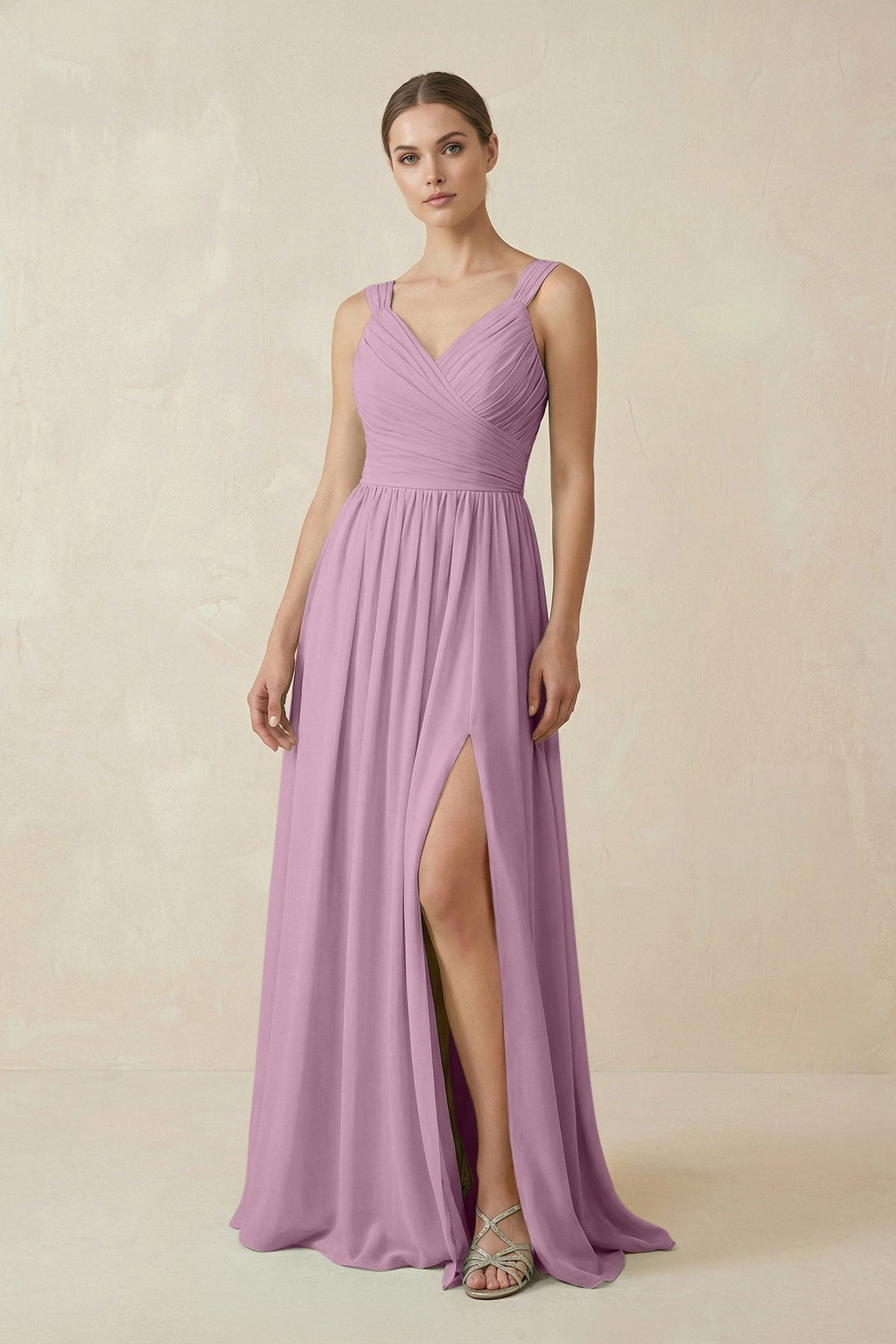 A - Line Pleated Chiffon Long Bridesmaid Dress in Wisteria - SHE IS ME Bridesmaid Dresses