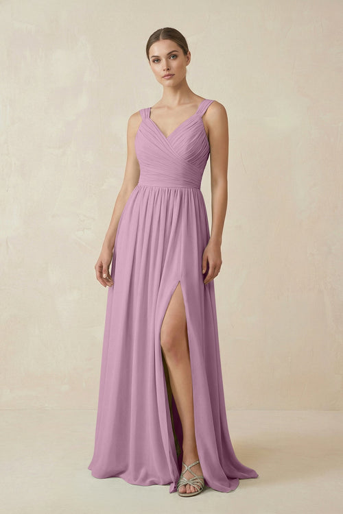 A - Line Pleated Chiffon Long Bridesmaid Dress in Wisteria - SHE IS ME Bridesmaid Dresses