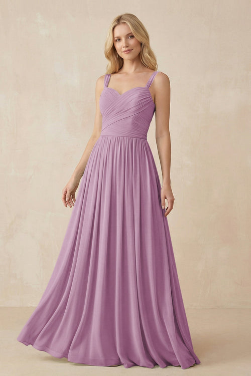 A - Line Pleated Chiffon Long Bridesmaid Dress in Wisteria - SHE IS ME Bridesmaid Dresses