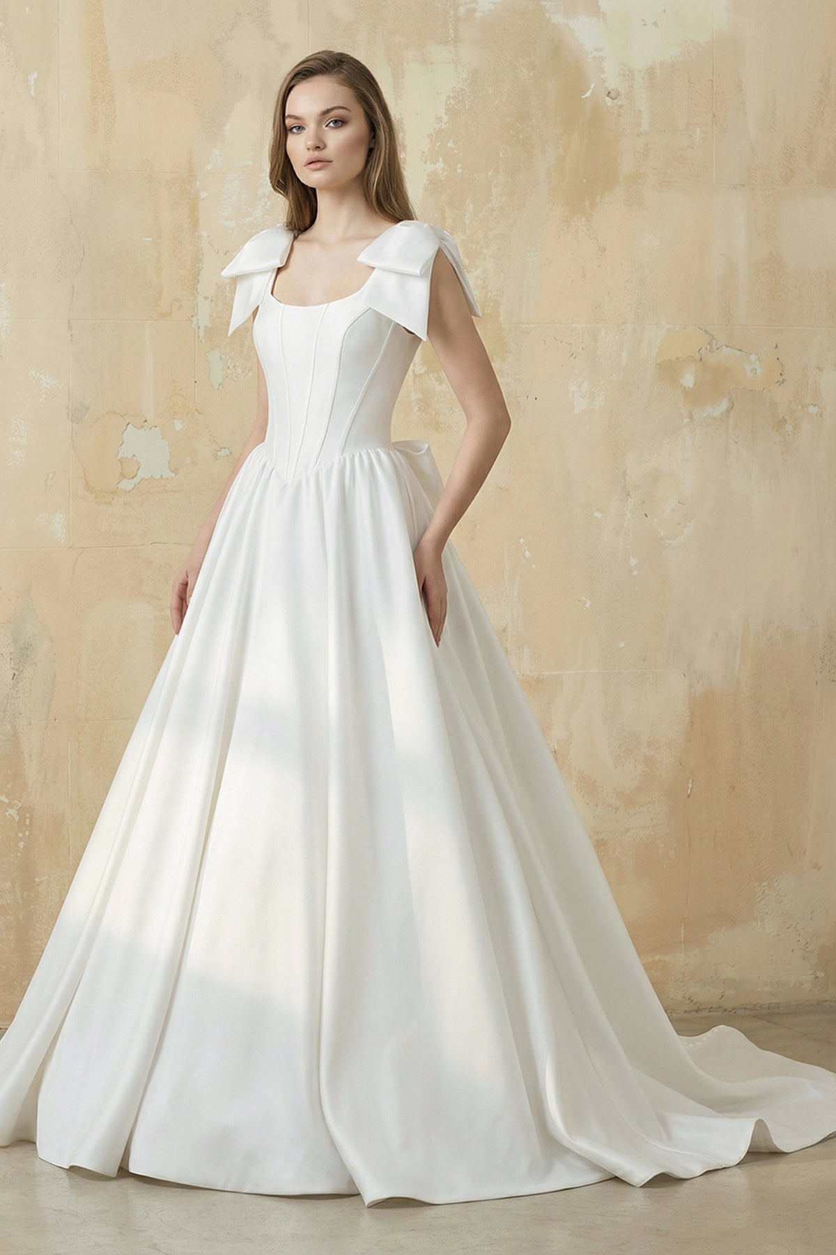 A Line Satin Ball Gown With Bow in White - SHE IS ME Wedding Dresses