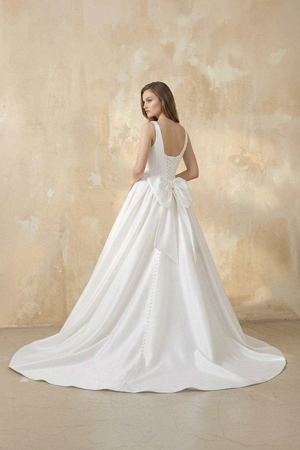 A Line Satin Ball Gown With Bow in White - SHE IS ME Wedding Dresses