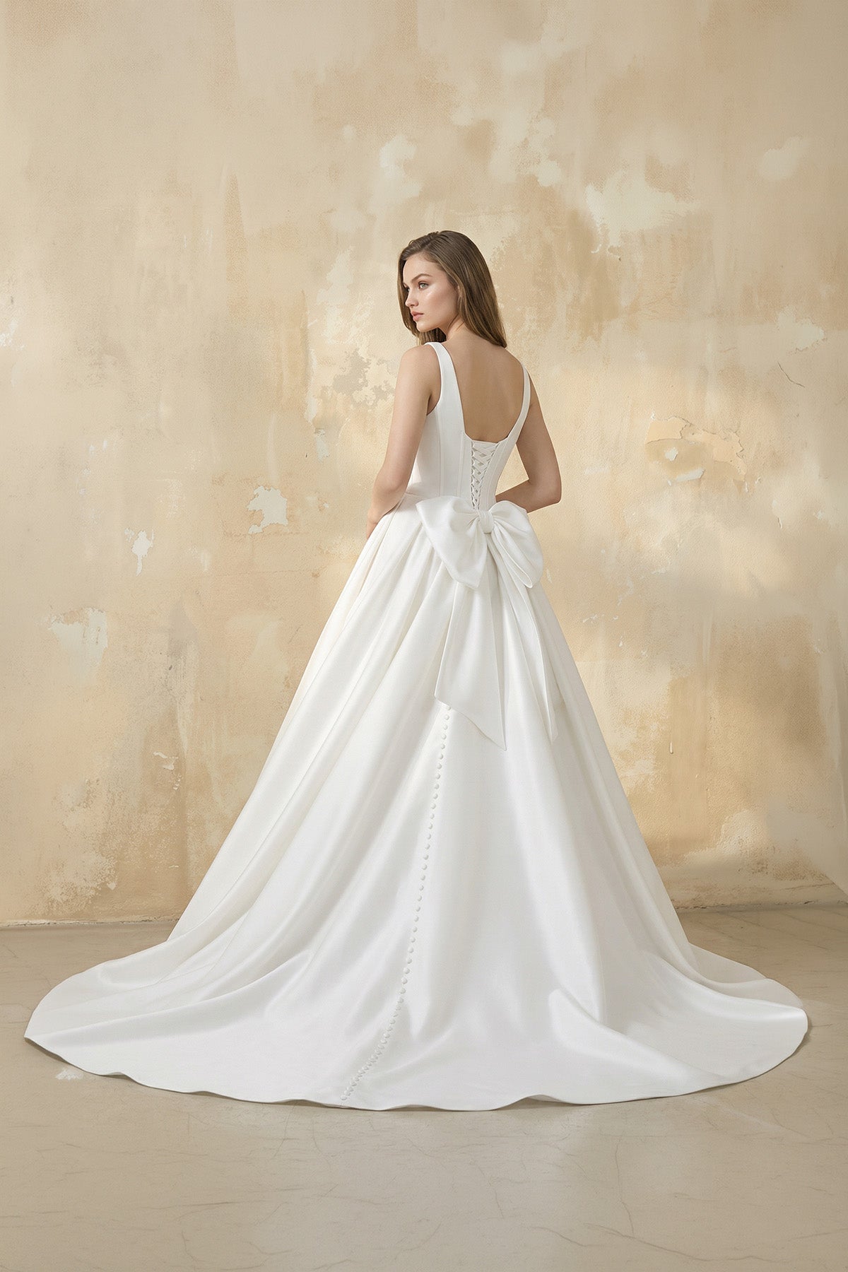 A Line Satin Ball Gown With Bow in White - SHE IS ME Wedding Dresses