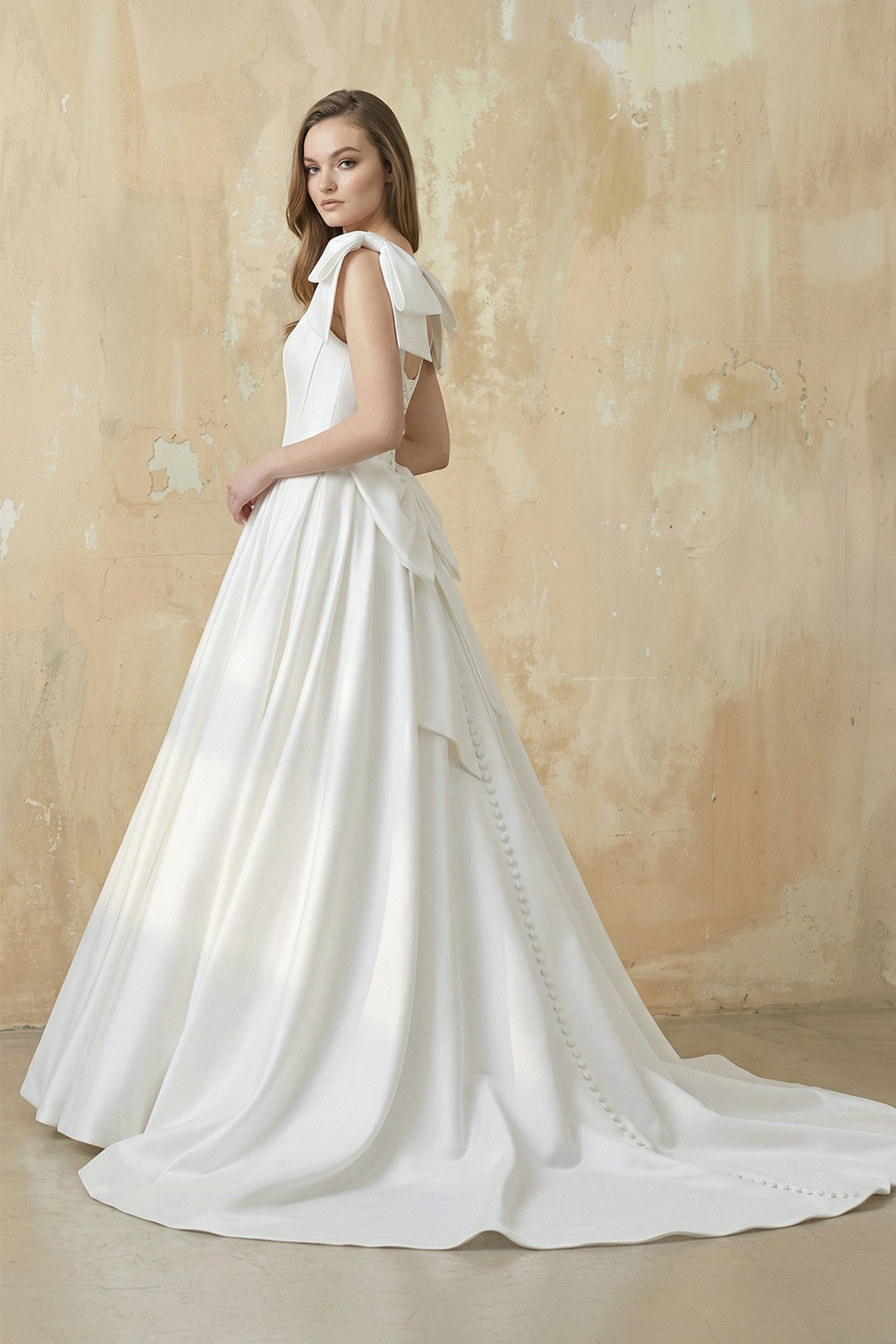 A Line Satin Ball Gown With Bow in White - SHE IS ME Wedding Dresses