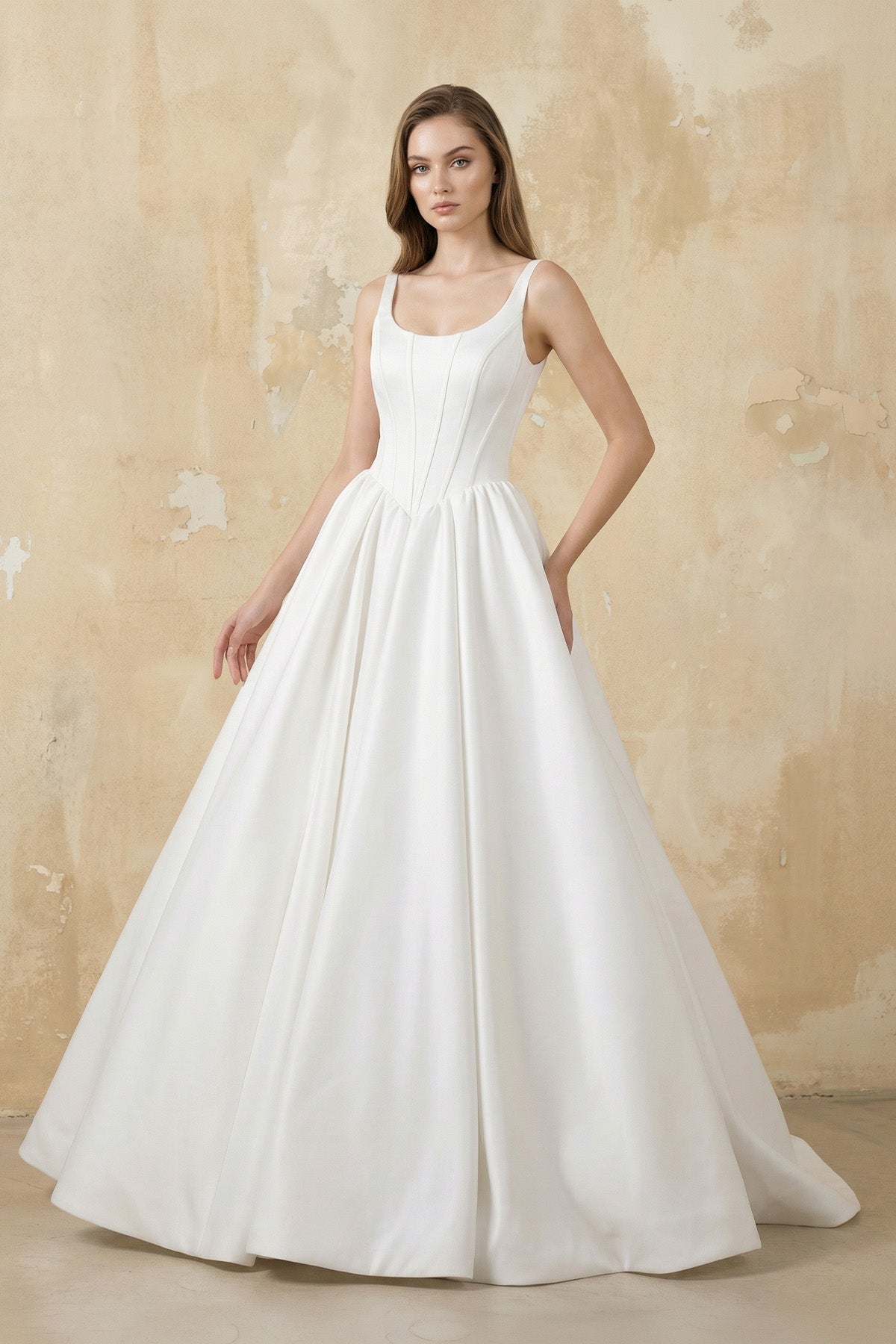 A Line Satin Ball Gown With Bow in White - SHE IS ME Wedding Dresses