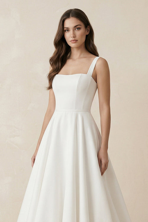 A - Line Satin Square Neck Maxi Wedding Dress in White - SHE IS ME Wedding Dresses