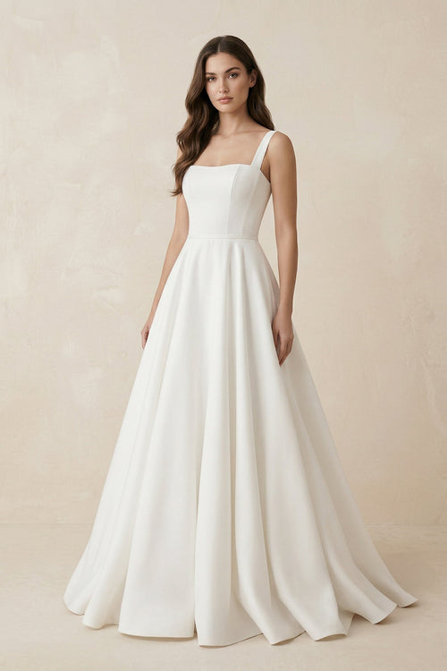 A - Line Satin Square Neck Maxi Wedding Dress in White - SHE IS ME Wedding Dresses