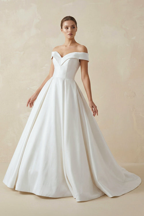 A - Line Satin Sweep Train White Wedding Dress - SHE IS ME Wedding Dresses