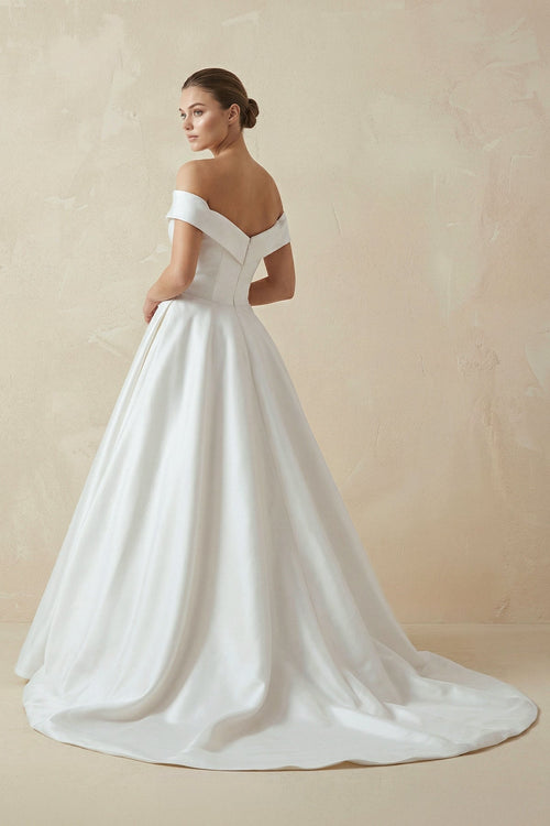 A - Line Satin Sweep Train White Wedding Dress - SHE IS ME Wedding Dresses