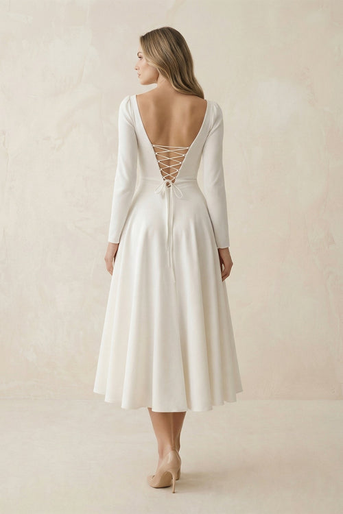 A - Line Satin V - Neck Long Sleeve Wedding Dress in White - SHE IS ME Wedding Dresses