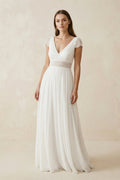 A Line Short Sleeves Chiffon Wedding Dress With Lace in Ivory - SHE IS ME Wedding Dresses