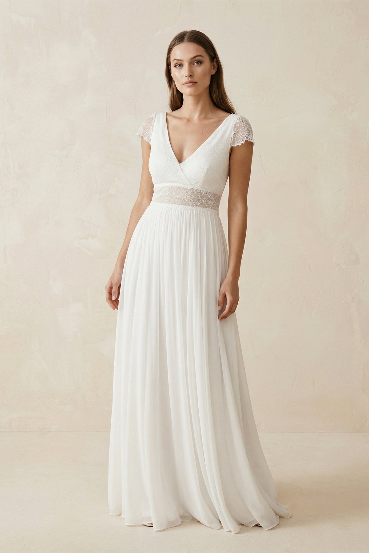 A Line Short Sleeves Chiffon Wedding Dress With Lace in Ivory - SHE IS ME Wedding Dresses