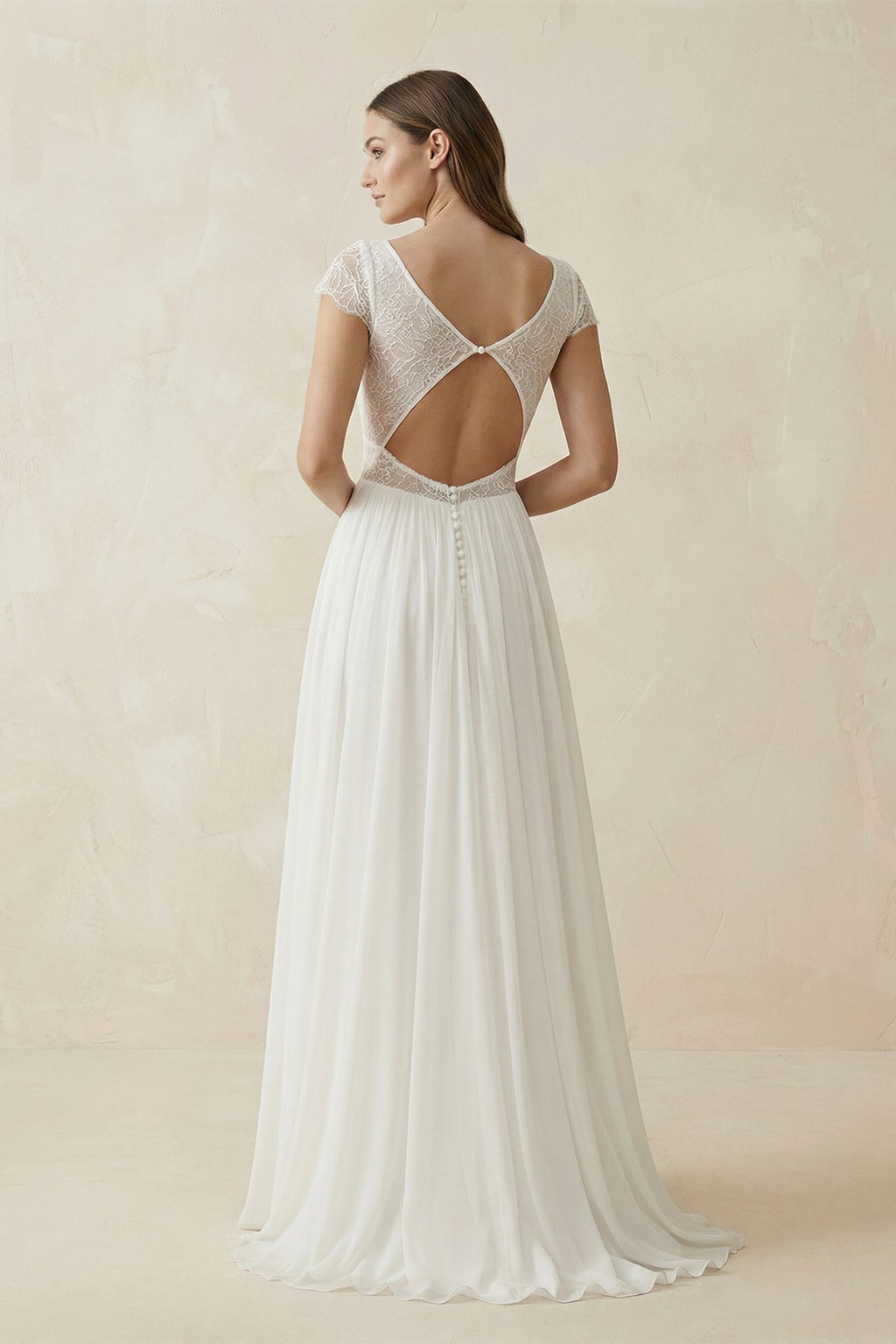 A Line Short Sleeves Chiffon Wedding Dress With Lace in Ivory - SHE IS ME Wedding Dresses