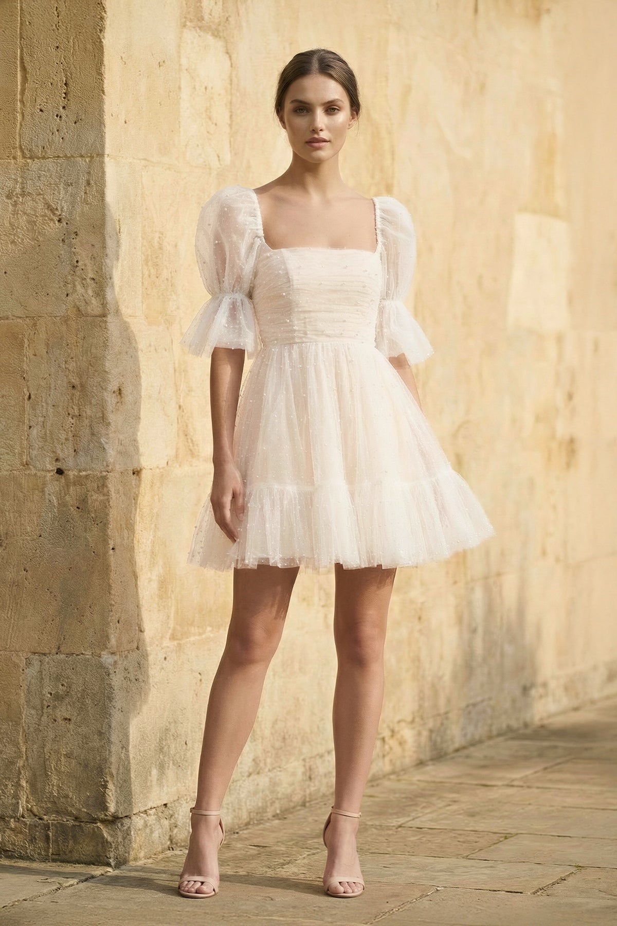 A Line Short Sleeves Tulle Wedding Dress - SHE IS ME Wedding Dresses