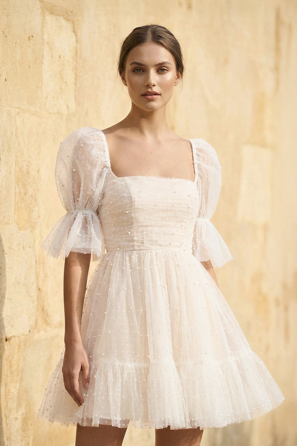 A Line Short Sleeves Tulle Wedding Dress - SHE IS ME Wedding Dresses