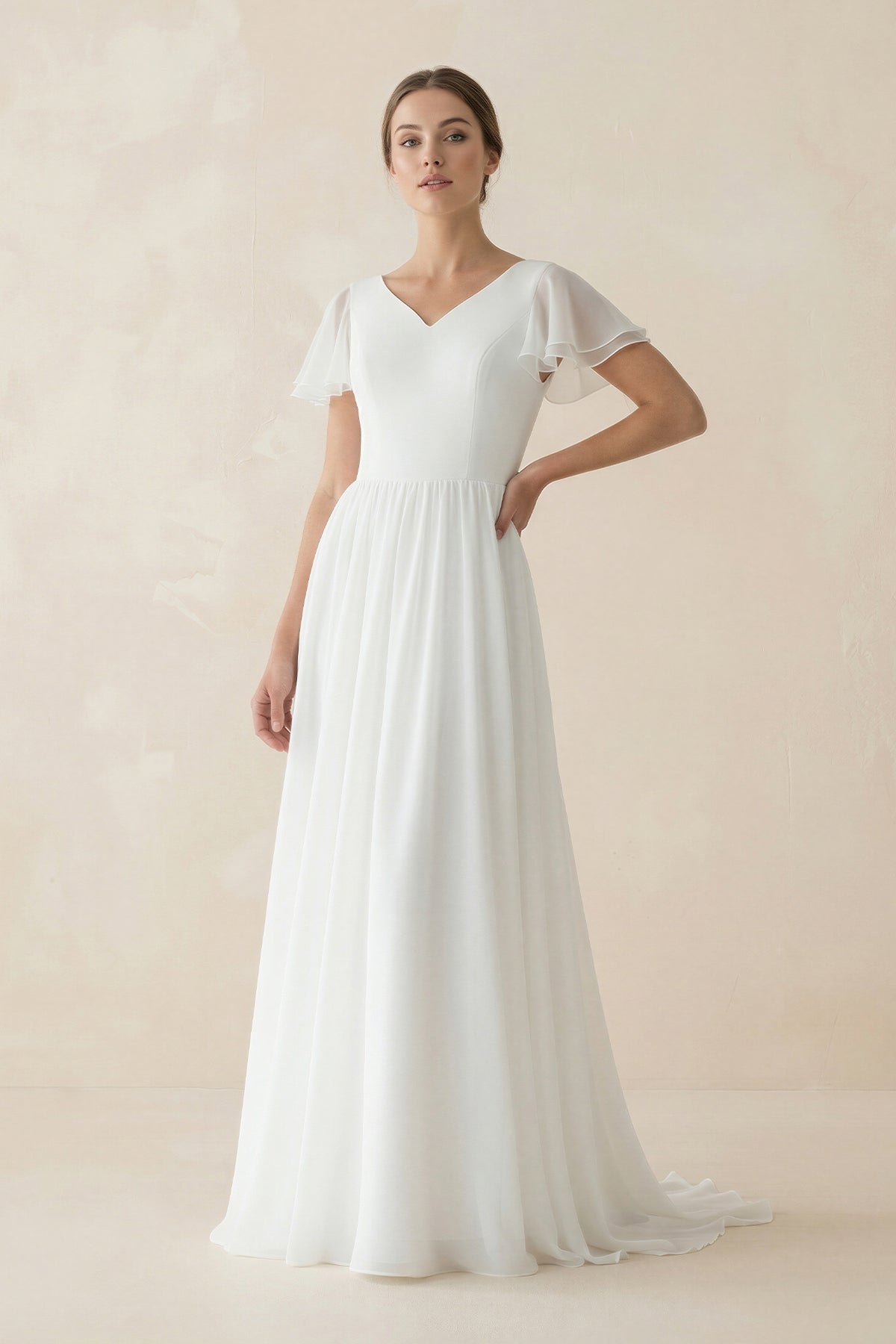 A Line Short Sleeves V Neck Chiffon Wedding Dress in White - SHE IS ME Wedding Dresses