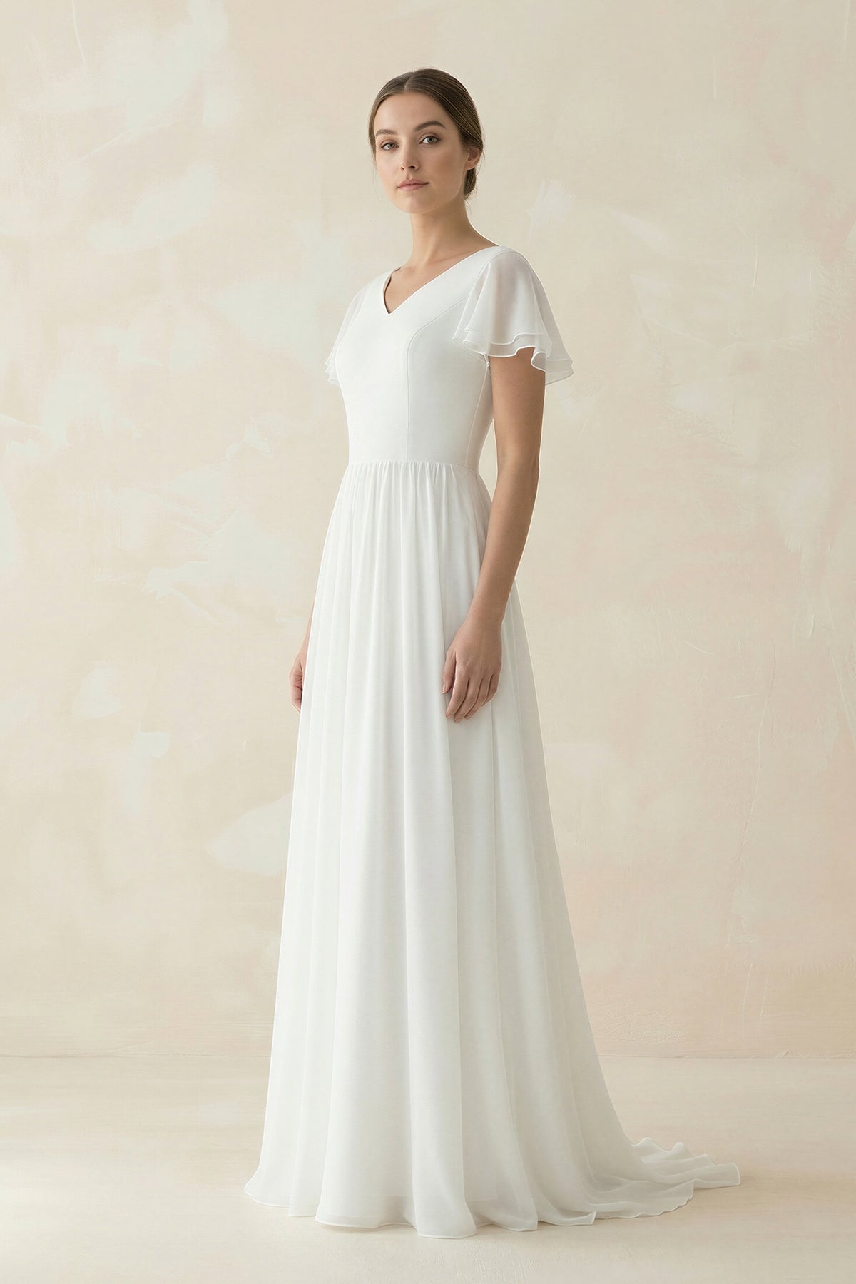 A Line Short Sleeves V Neck Chiffon Wedding Dress in White - SHE IS ME Wedding Dresses