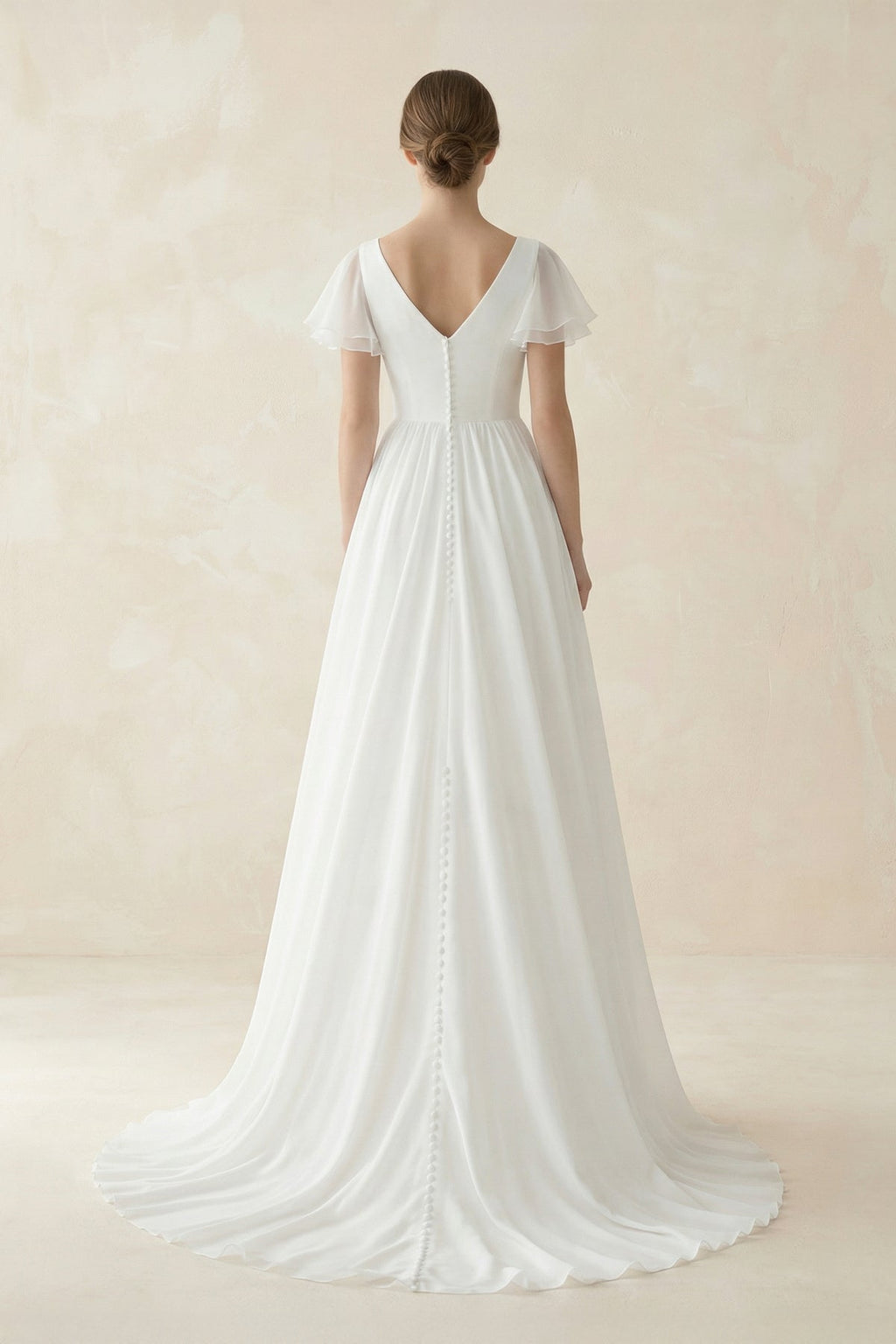 A Line Short Sleeves V Neck Chiffon Wedding Dress in White - SHE IS ME Wedding Dresses