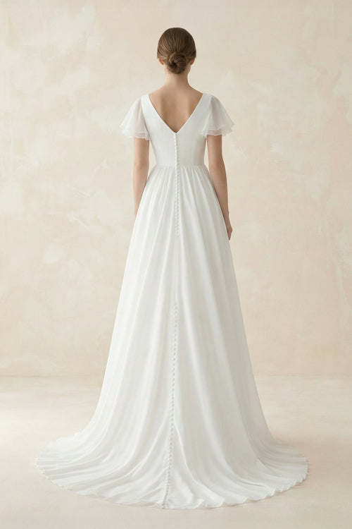 A Line Short Sleeves V Neck Chiffon Wedding Dress in White - SHE IS ME Wedding Dresses