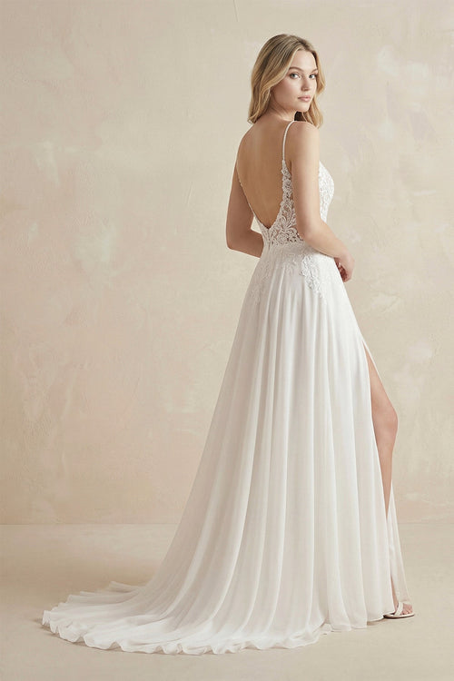 A - Line Spaghetti Straps Chiffon Wedding Dress in White - SHE IS ME Wedding Dresses