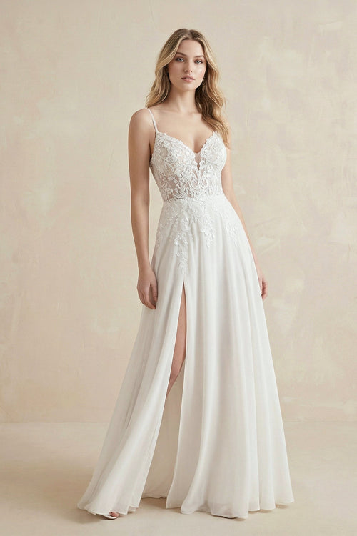 A - Line Spaghetti Straps Chiffon Wedding Dress in White - SHE IS ME Wedding Dresses