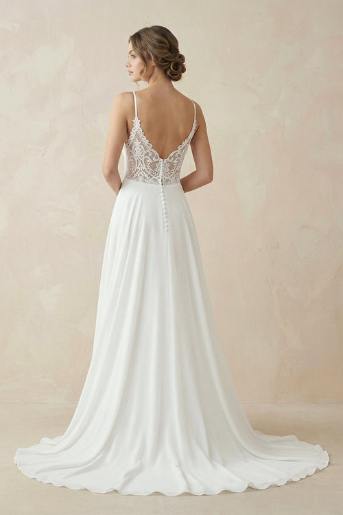 A - line Spaghetti Straps Lace Wedding Dress in White - SHE IS ME Wedding Dresses