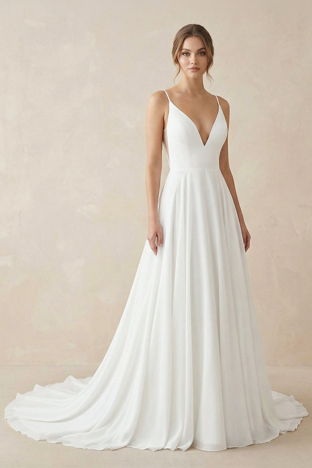 A - line Spaghetti Straps Lace Wedding Dress in White - SHE IS ME Wedding Dresses