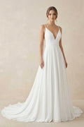 A - line Spaghetti Straps Lace Wedding Dress in White - SHE IS ME Wedding Dresses