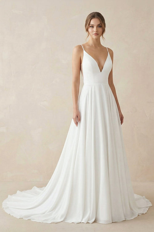 A - line Spaghetti Straps Lace Wedding Dress in White - SHE IS ME Wedding Dresses