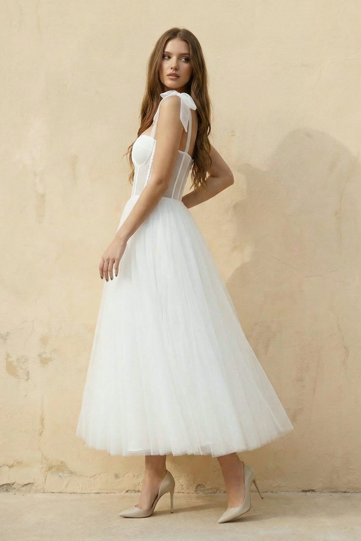 A Line Spaghetti Straps Tulle Wedding Dress in White - SHE IS ME Wedding Dresses