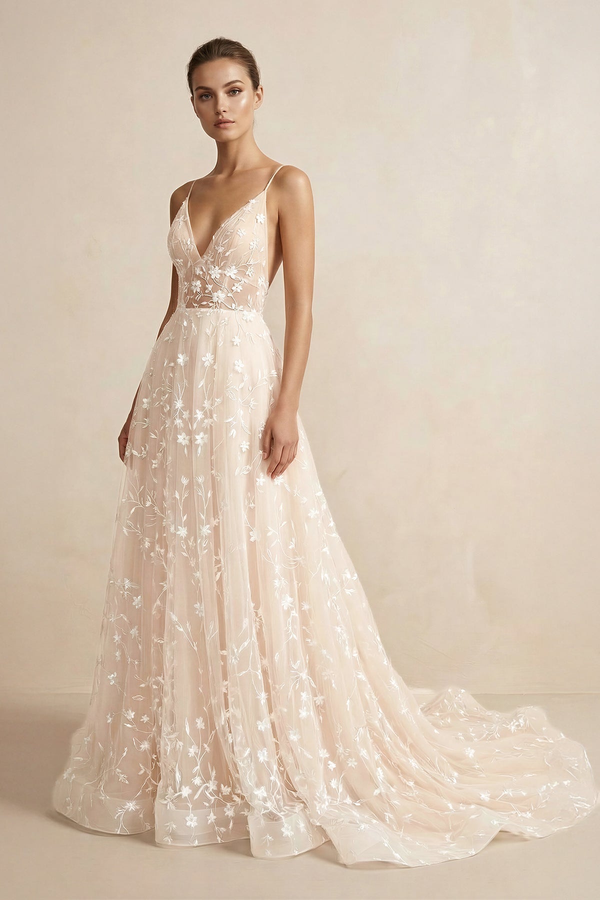 A Line Spaghetti Straps Wedding Dress in Champagne - SHE IS ME Wedding Dresses