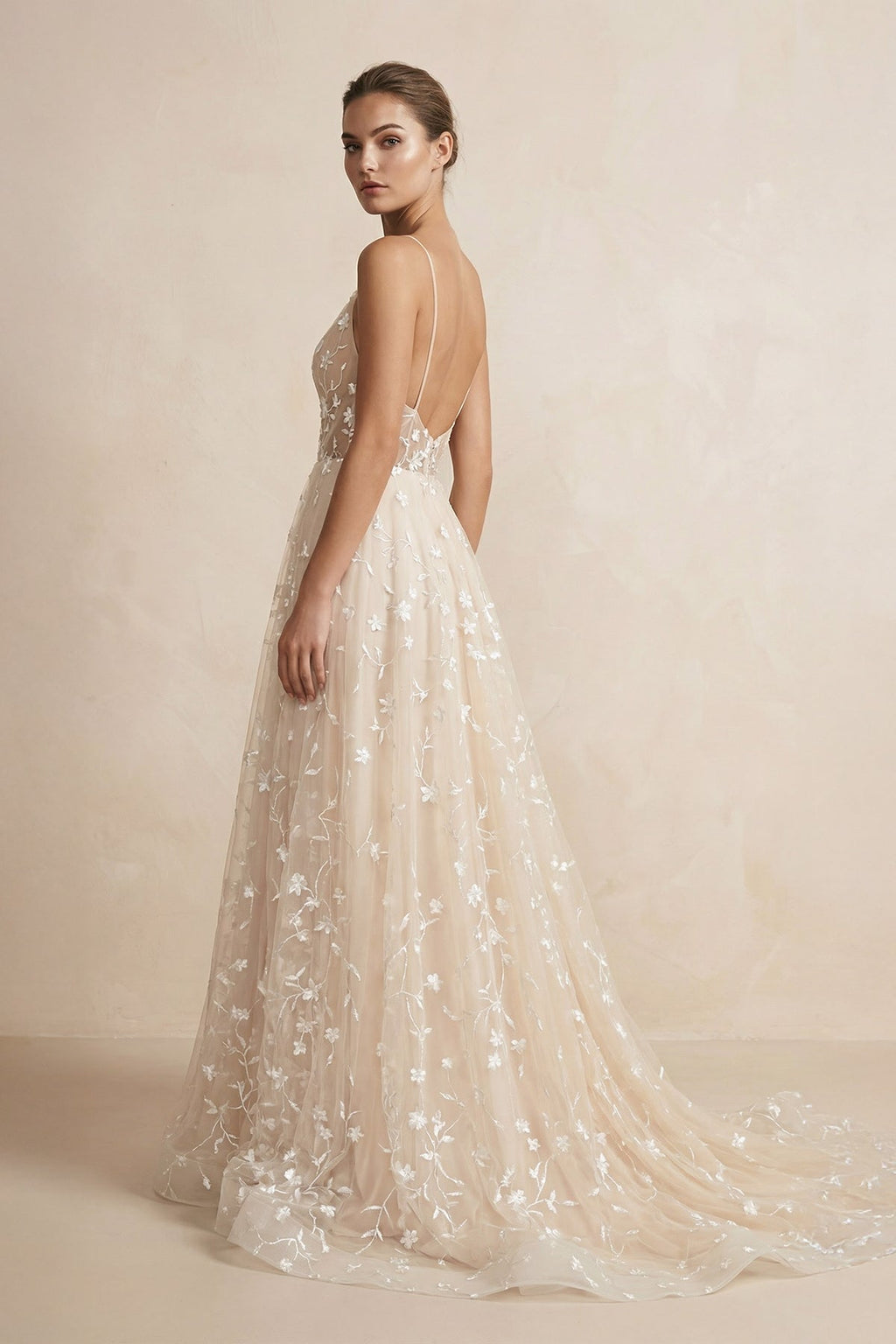 A Line Spaghetti Straps Wedding Dress in Champagne - SHE IS ME Wedding Dresses