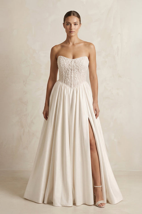 A - Line Strapless Corset Satin Wedding Dress in Ivory - SHE IS ME Wedding Dresses