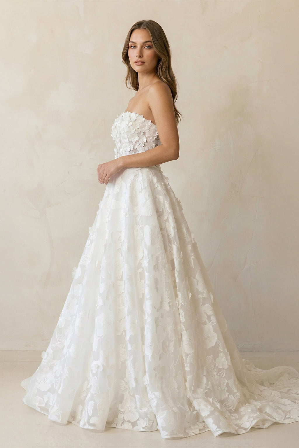 A - Line Strapless Floral Lace Wedding Dresses in Ivory - SHE IS ME Wedding Dresses